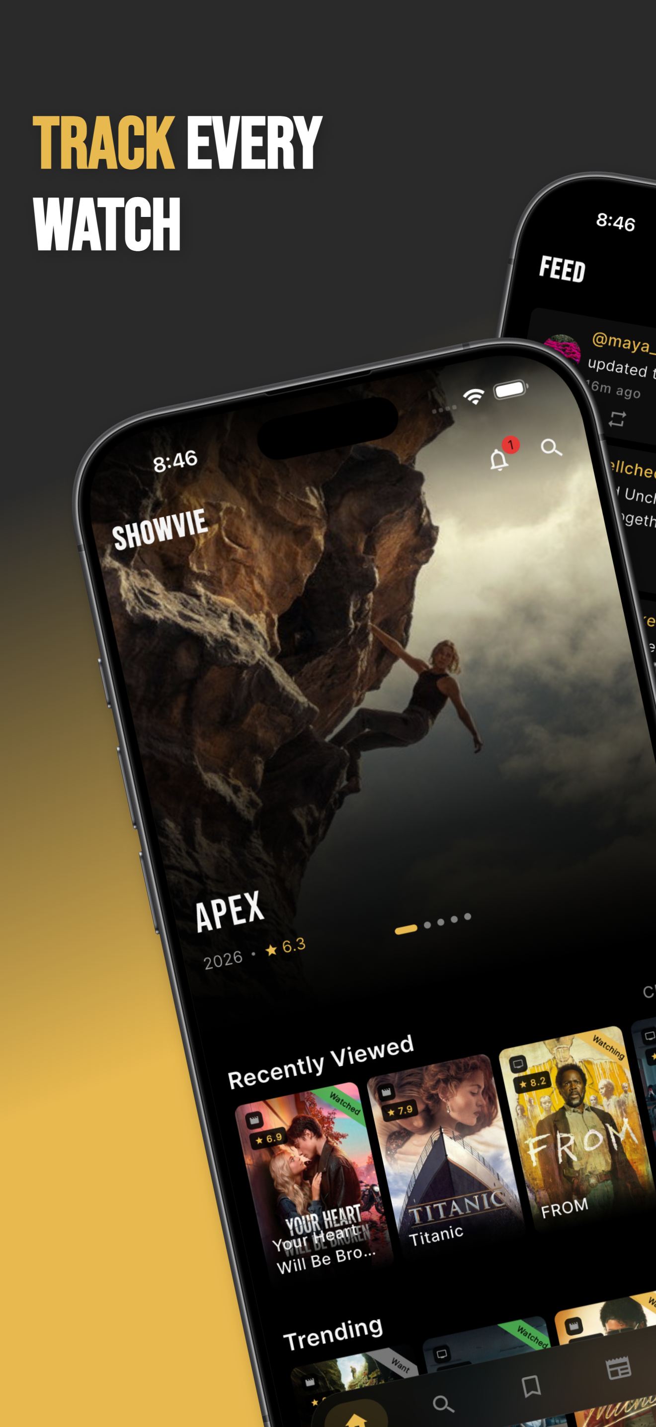 Showvie home screen — track every watch